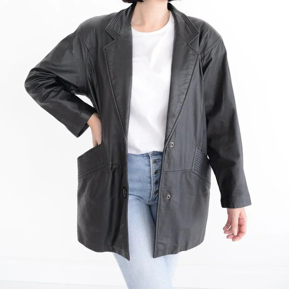 Vintage Petite Sophisticate  Black Button Down Leather Jacket Size Small - Picture 1 of 13